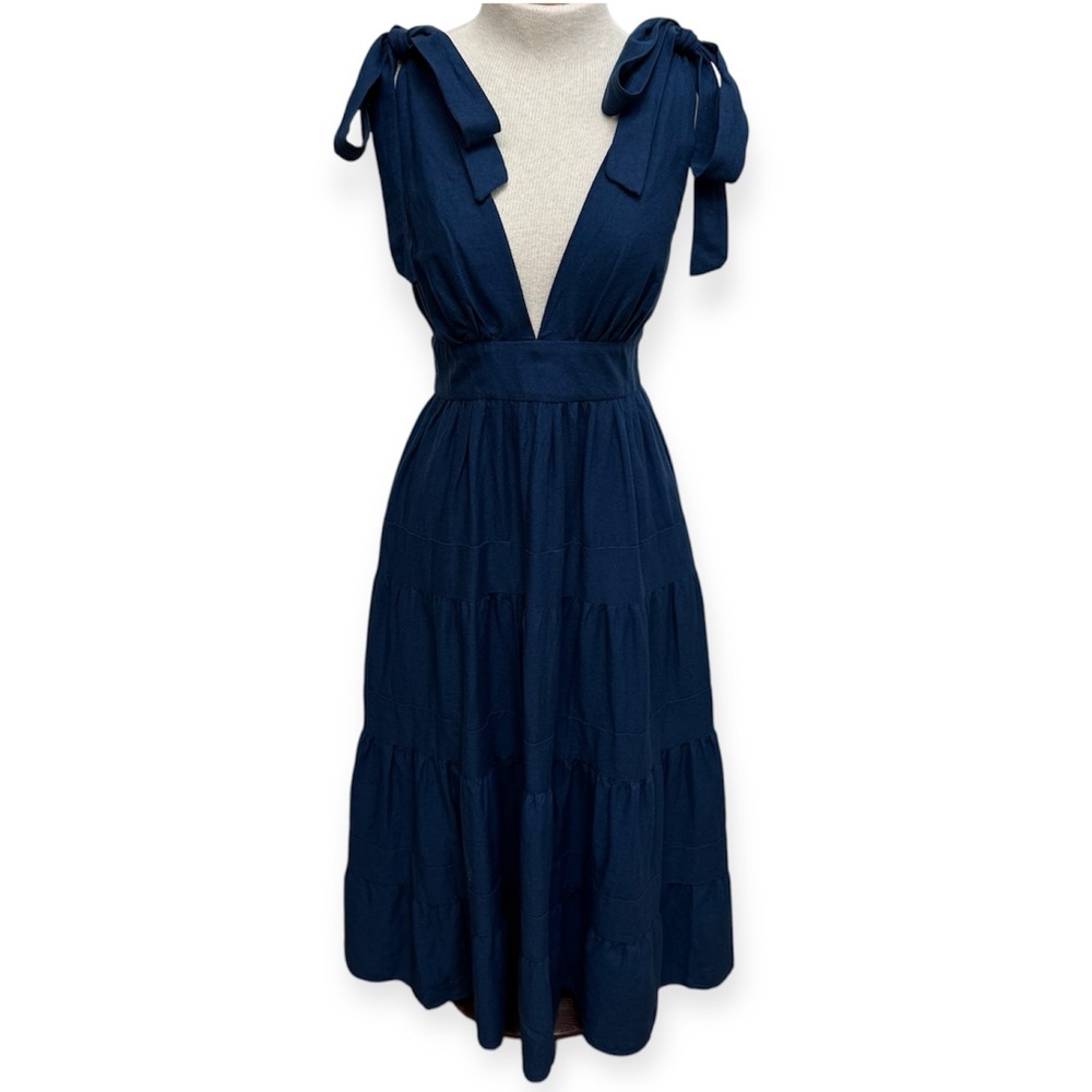 House of Harlow 1960 Linen Blend Tie Shoulder V-Neck Tiered Maxi Dress XS